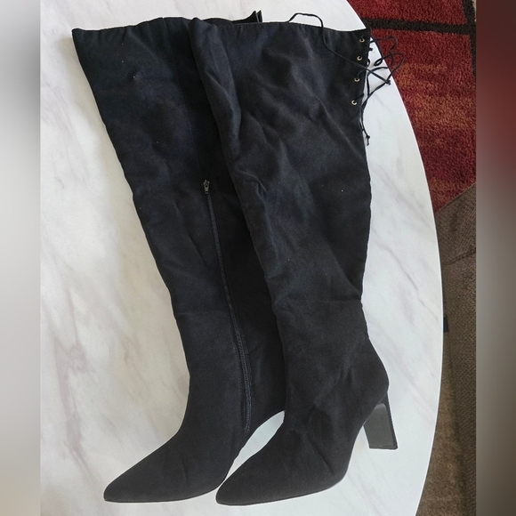 Nadia x FTF Mid Thigh Boots Women Sz 9W Black Ophelia Suede Back Laces New - Picture 8 of 14